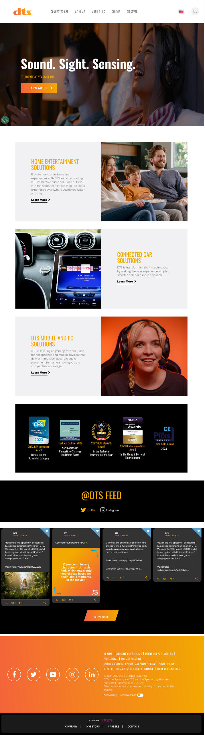 The redesigned DTS.com homepage, with the tagline &ldquo;Sound. Sight. Sensing.&rdquo; and featured product and culture tiles.