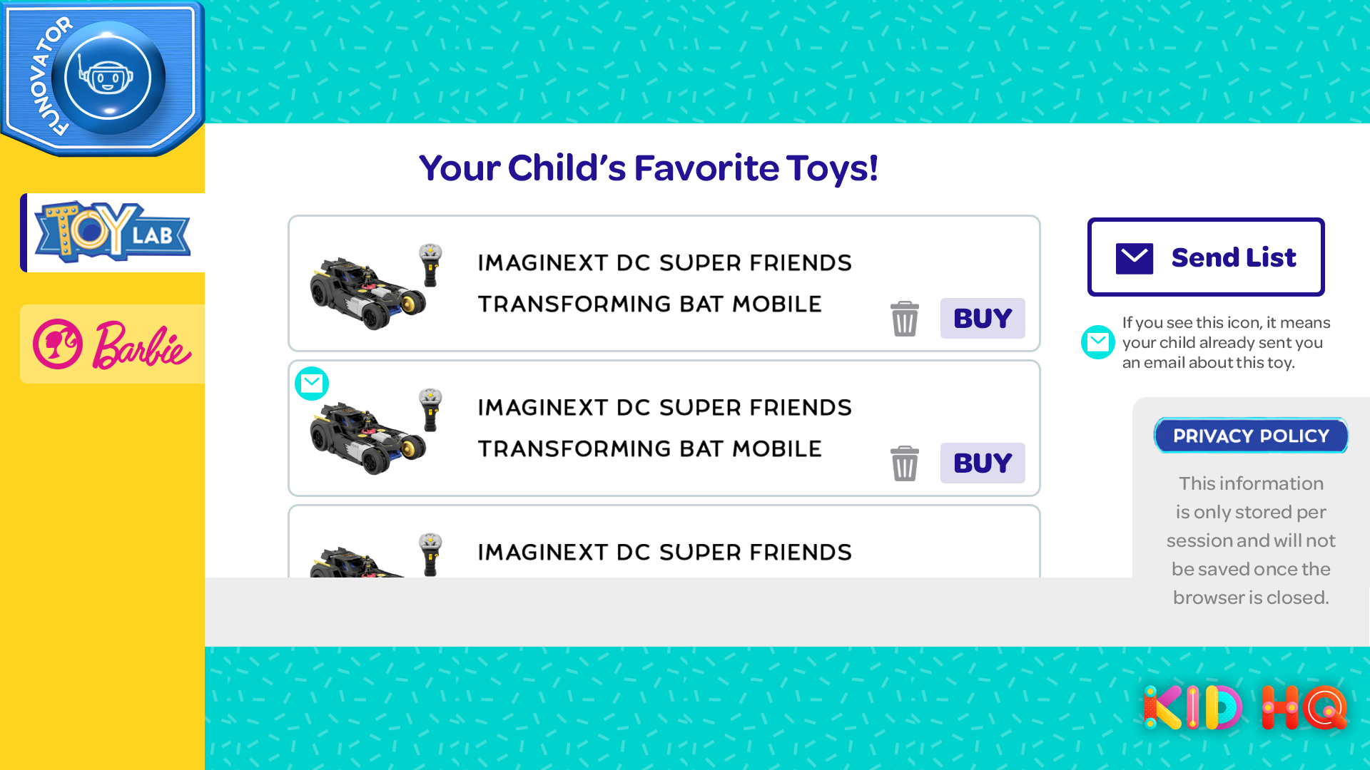 The Toy Report interface showing a child's wishlist of favorite toys with buy and send-list options.
