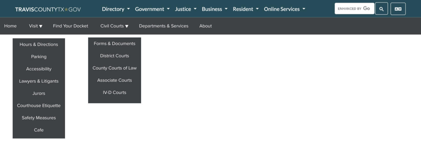 The Travis County website&rsquo;s global navigation with the Civil Courts dropdown menu open, showing links to forms, court types, and juror resources.