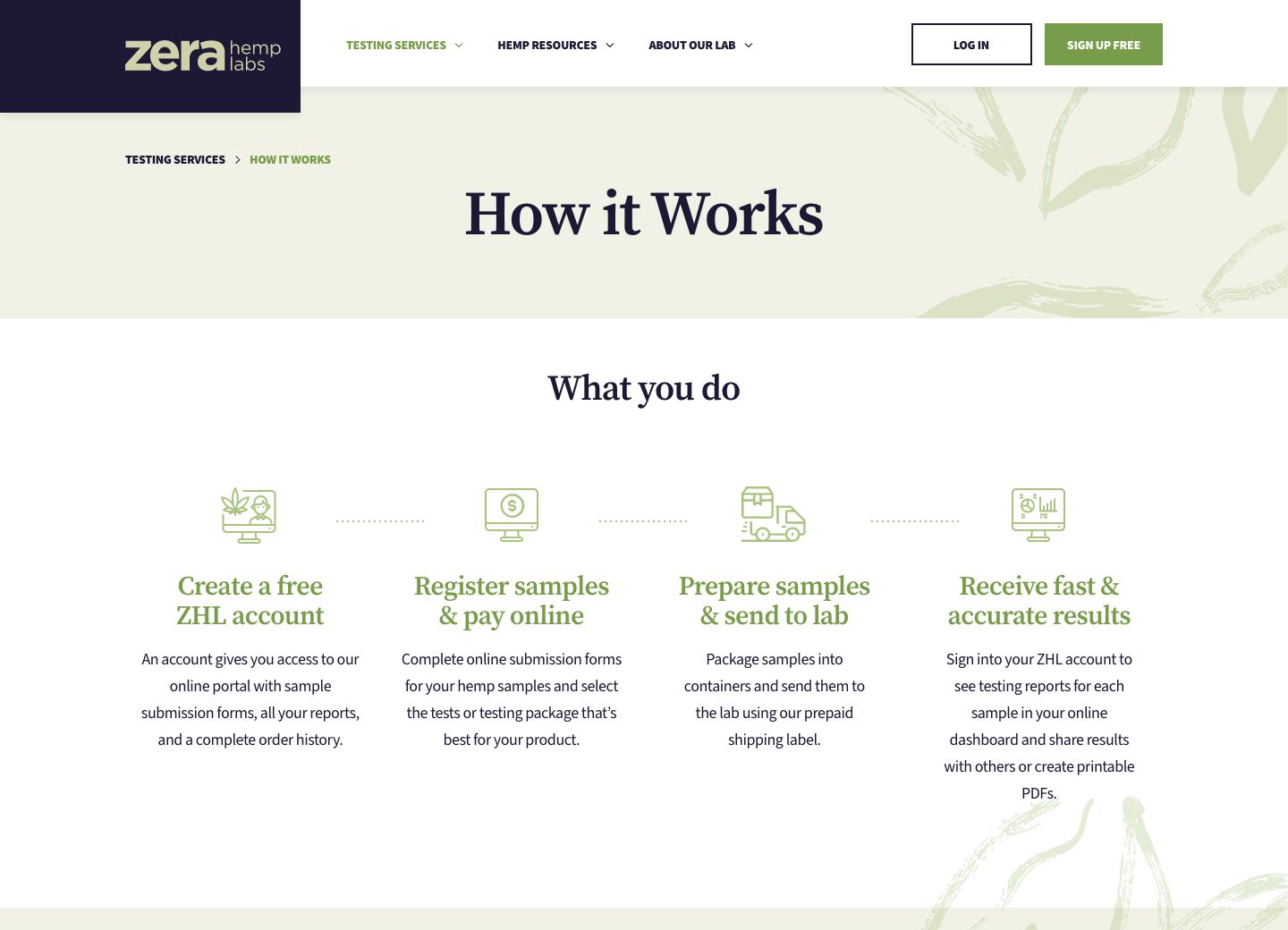 The Zera Hemp Labs marketing site's &ldquo;How It Works&rdquo; page.