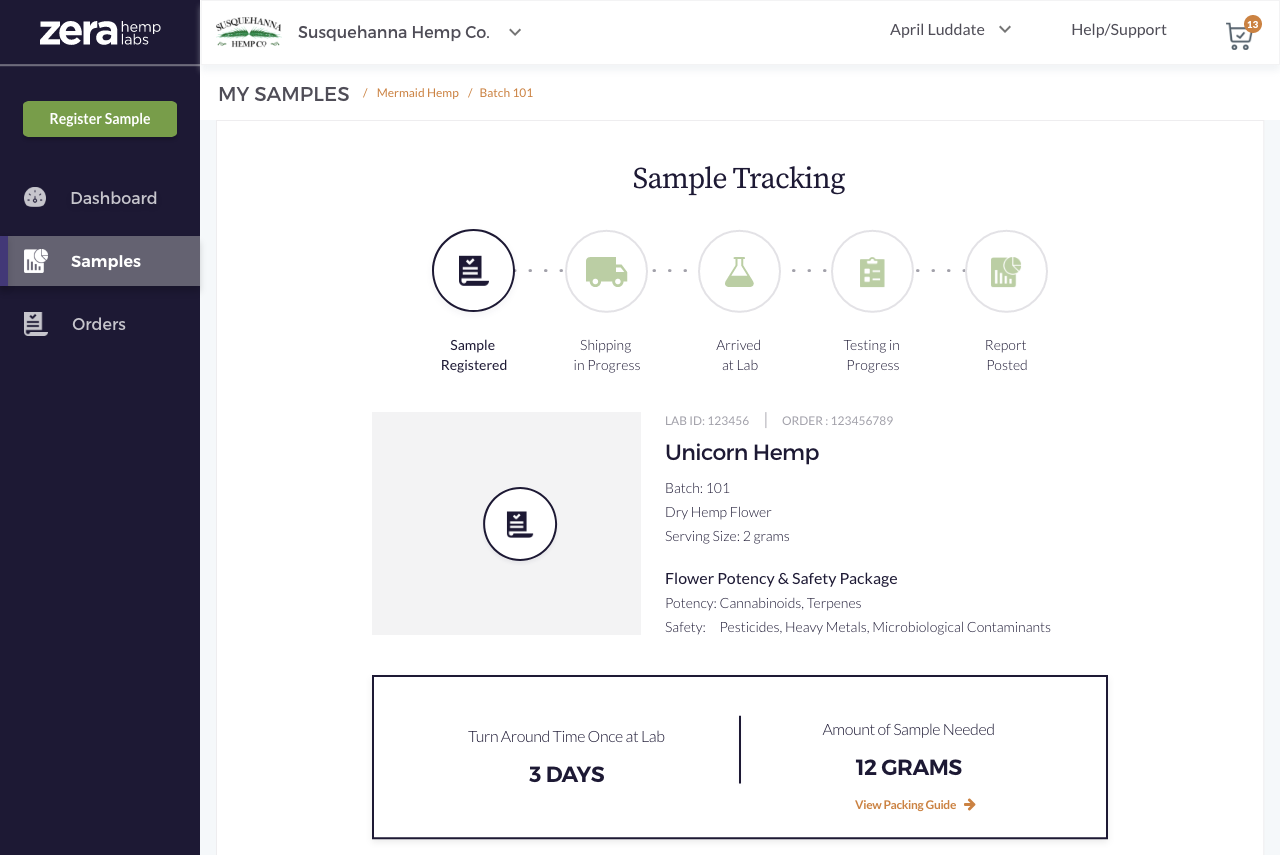 Sample tracking detail in the Zera Hemp Labs accounts portal, showing turnaround time and sample amount needed.